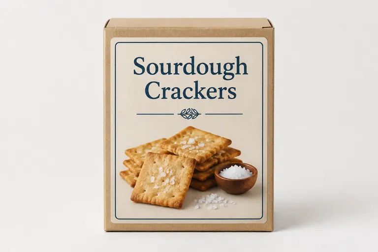 A box of sourdough crackers with a printed label.