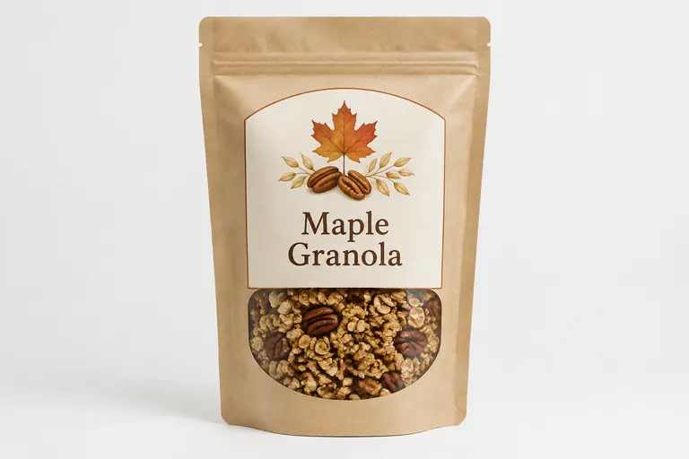 A pouch of maple granola with a printed label.
