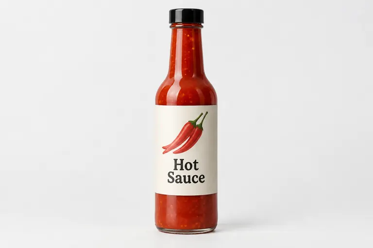A glass bottle of hot sauce with a printed label.