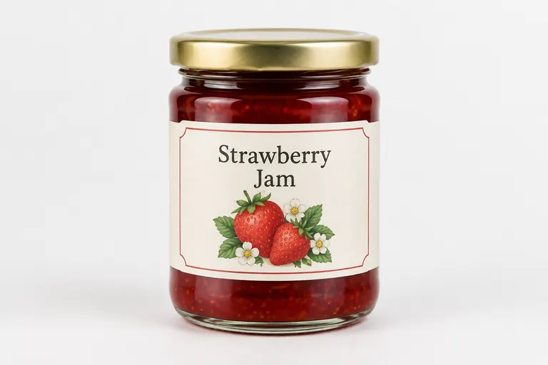 A glass jar of strawberry jam with a printed label.