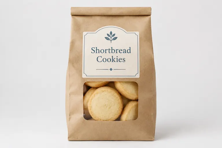 A paper bag of shortbread cookies with a printed label.