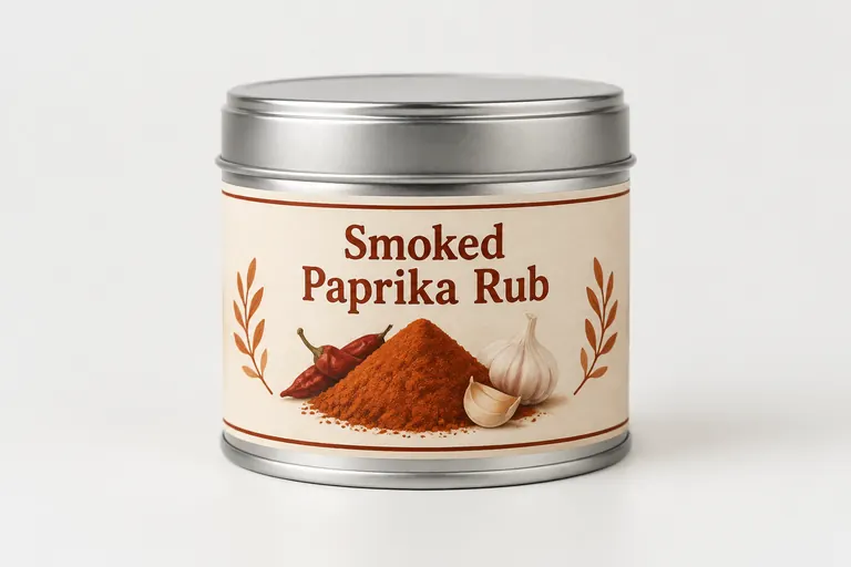 A tin of smoked paprika rub with a printed label.