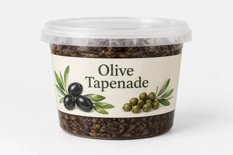 A tub of olive tapenade with a printed label.
